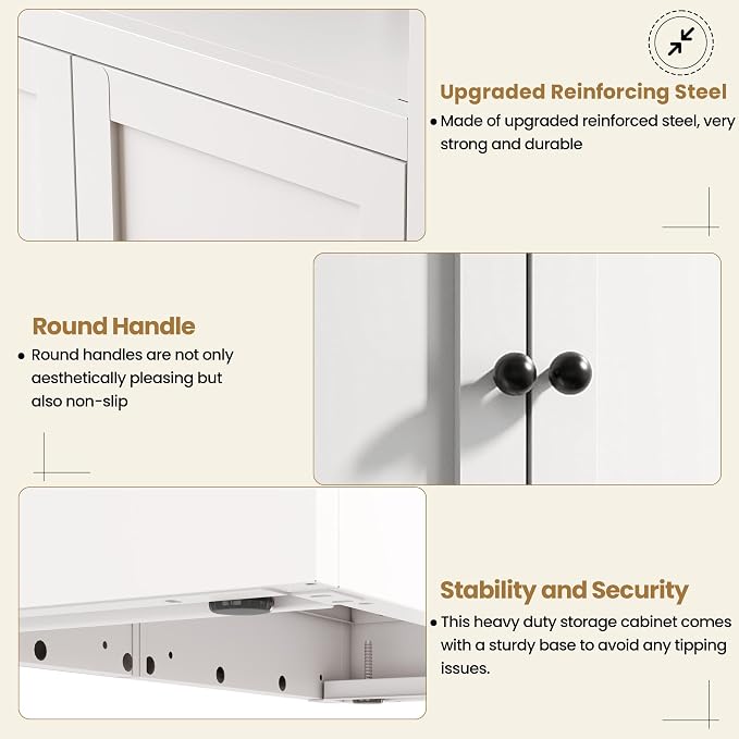 Kitchen Pantry Cabinet, 72" Tall White Metal Storage Cabinet, Kitchen Storage with 2 Doors and 5 Adjustable Shelves, Freestanding Cupboard for Living, Dining Room and Bathroom,Assemble Required