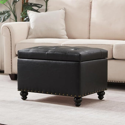 Zihanhome Leather Ottoman with Storage, Upholstered Button Tufted Ottoman Foot Rest, Foot Stools, 24" Rectangle Ottomans with Storage for Living Room, Bedroom, Dorms and Apartments (Black-PU)