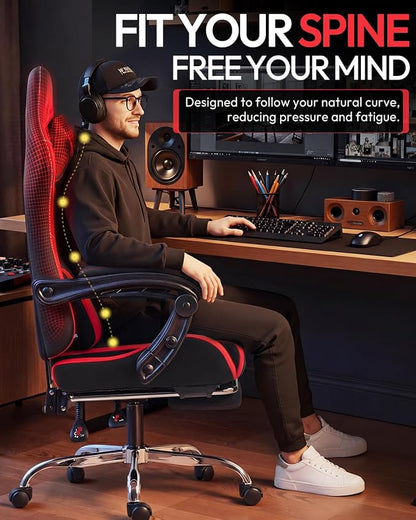 Dowinx Ergonomic Gaming Chair with Footrest & Massage Lumbar, 2D-Linkage Armrests for Computer Chair 330lbs with Headrest Pillow for Office, Home, Streaming and Long Gaming Sessions, Fabric Dark Red