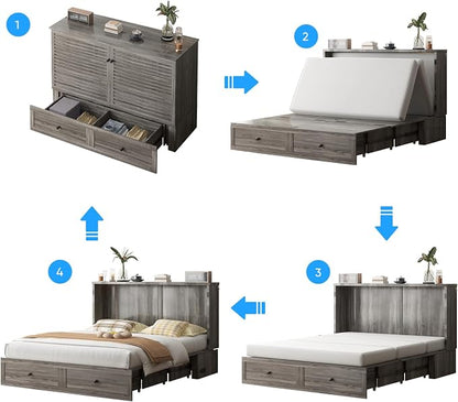 PUREMIND Queen Murphy Bed, Murphy Cabinet Bed with Storage Drawer, USB Charging Station and Bedside Panel, Space Saving Murphys Chest Beds Wallbed for Guest Room, No Mattress