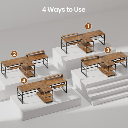 SEDETA 94.5" Home Office Desks, Computer Gaming Desk with Storage, LED Lights, Power Strip with USB, Keyboard Tray & Monitor Stand, Extra Long Double Desk for 2 Person, Rustic Brown