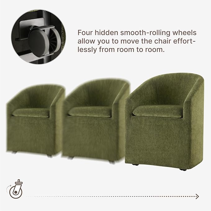 KISLOT Upholstered Dining Chairs Set of 2 with Casters, Modern Side Barrel Armchair with Washable Slipcover & Sturdy Metal Frame for Diningroom Bedroom Livingroom Reading Room, Green Fabric