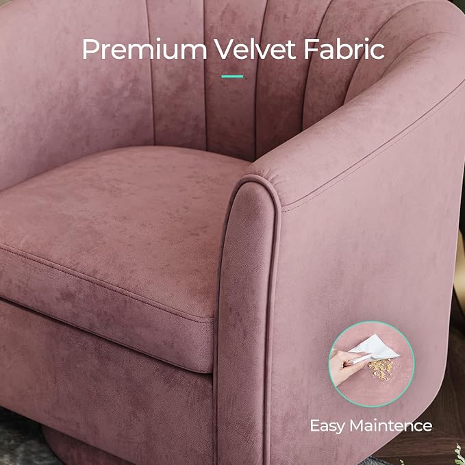 LINSY Swivel Accent Chair Ottoman Set: Velvet Larege Barrel Chair with Foot Rest, Modern Reading Chair Upholstered Armchair with Footrest for Living Room Bedroom Study Room Office (Pink)