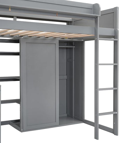 Ball & Cast Twin Size Loft Bed with Stair & Safety Guardrail,Wood Bedframe with Storage Drawer,2 Wardrobes & Mirror,Space Saving,No Box Spring Needed,Versatile Bedroom Furniture for Boys Girls,Gray