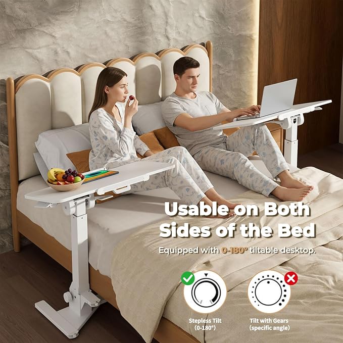 JOY worker Foldable Mobile Standing Desk, 180° Tiltable Overbed Bedside Table with 4 Lockable Wheels, 31.5" Height Adjustable Rolling Laptop Desk for Home & Hospital Use, Easy Storage, White