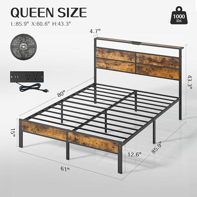 Liians Queen Size Bed Frame, Queen Bed with Charging Station Headboard and LED Lights, Platform Bed with Metal Slats, No Box Spring Needed