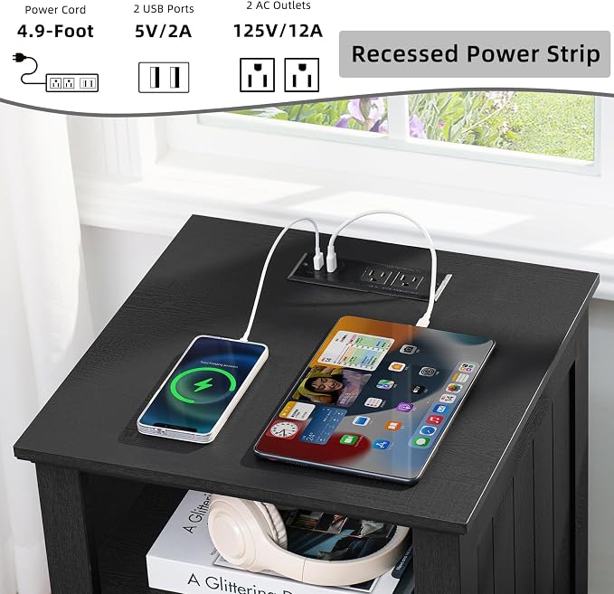Joaxswe 18" Farmhouse Night Stand with Charging Station, 2 Drawers End Table Dresser for Bedroom, Black Wooden Nightstand, Bed Side Table with Open Shelf, Bedside Cabinet for Living Room, Closet