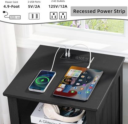 Joaxswe 18" Night Stands Set of 2 with Charging Station, Farmhouse 2 Drawers End Table Dresser for Bedroom, Black Wooden Nightstand, Bed Side Table with Open Shelf, Bedside Cabinet for Living Room