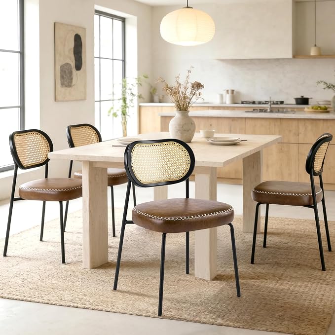 Rattan Dining Chairs Set of 4, Upholstered Dining Chairs with Handwoven Cane Back, Mid Century Modern Kitchen & Dining Room Chairs with Thick Cushion and Metal Frame, 300 lbs Capacity, Brown