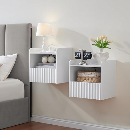 BuildHom Modern Fluted Floating Nightstand Wall Mounted Set of 2- Bedside Table with Storage Drawer & Display Shelf, Minimalist Bedroom Furniture for Studio Apartments (Matte White)