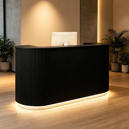 Modern Reception Desk Check Out Counter Front Desk for Spa Salon Office | Power Outlet Lockable Cabinet Keyboard Tray Privacy Panel Cable Grommet Open Storage Storage Cabinet