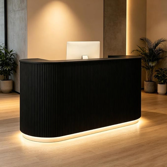 Modern Reception Desk Check Out Counter Front Desk for Spa Salon Office | Power Outlet Lockable Cabinet Keyboard Tray Privacy Panel Cable Grommet Open Storage Storage Cabinet