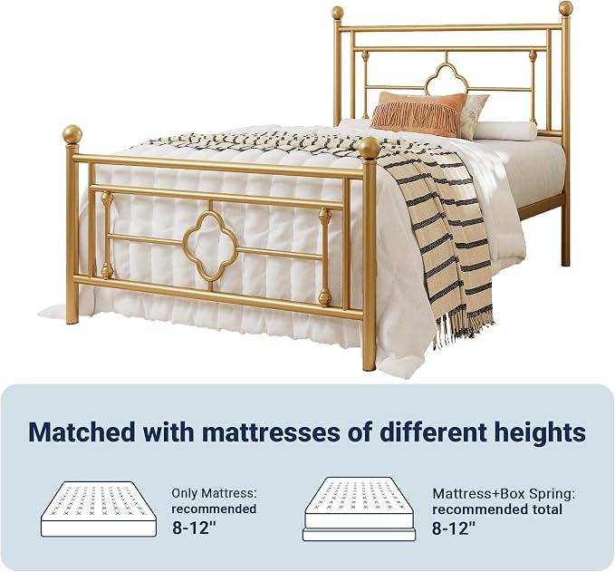 Allewie Twin Size Metal Platform Bed Frame with Victorian Vintage Headboard and Footboard/Mattress Foundation/Under Bed Storage/No Box Spring Needed/Noise-Free/Easy Assembly, Gold