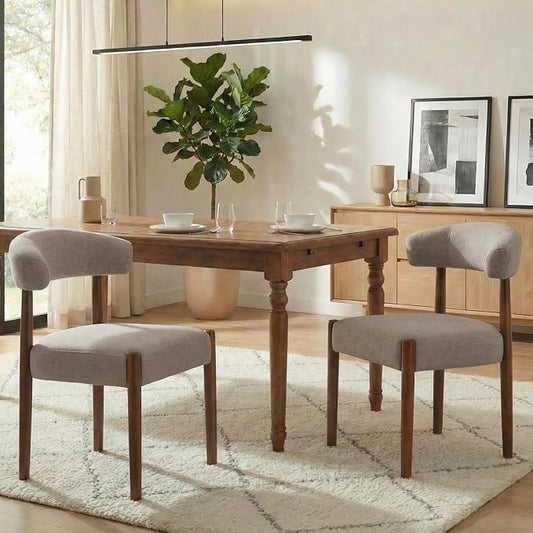 VKNOW Wooden Dining Chairs Set of 2, Modern Upholstered Dining Room Chairs with Walnut Wood Legs and Curved Backrest, Fabric Kitchen Chairs for Farmhouse/Living Room/Dining Room, Brown