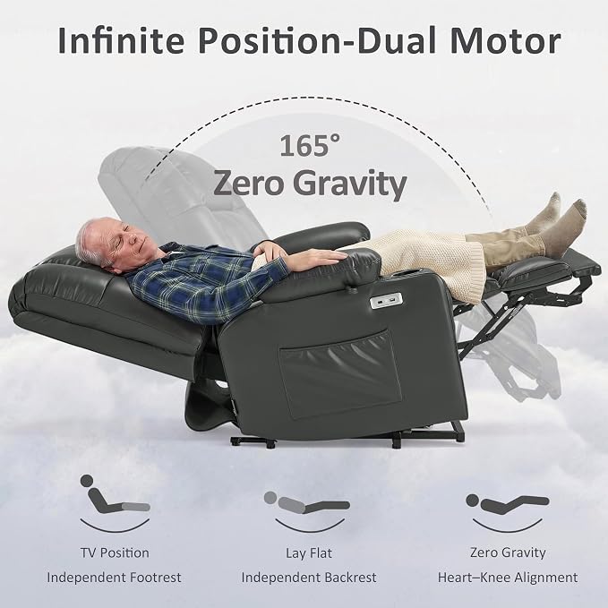 MCombo Dual Motor Power Lift Recliner Chair for Elderly, Lay Flat Lift Chair with Heat and Massage, Oversized Lift Recliner for Big and Tall, Faux Leather R7891 (Grey, Large-Wide)