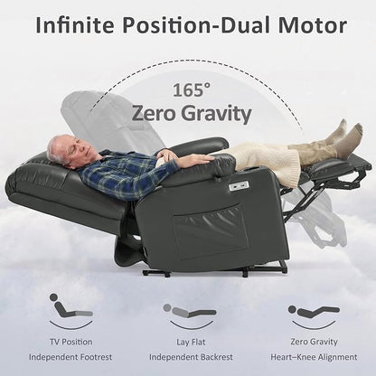 MCombo Dual Motor Power Lift Recliner Chair for Elderly, Lay Flat Lift Chair with Heat and Massage, Oversized Lift Recliner for Big and Tall, Faux Leather R7891 (Grey, Large-Wide)