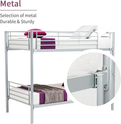 Metal Bunk Bed Twin Over Twin - with Removable Ladder and Guard Rail - Space Saving Design - Easy Assembly -Silver Grey