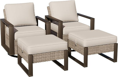 Joyside Outdoor Patio Swivel Rocker Chairs, 4 Pieces Wicker Furniture Set, 2 Swivel Rocking Chairs and 2 Ottoman, Metal Wide Armrest, Thick Cushions and Deep Seating for Garden, Backyard, Porch, Deck