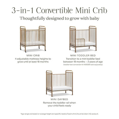 Namesake Abigail 3-in-1 Convertible Baby Crib, Vintage Gold | GREENGUARD Gold Certified, Converts to Toddler Bed & Daybed, 4 Adjustable Mattress Heights, Conversion Kits Sold Separately