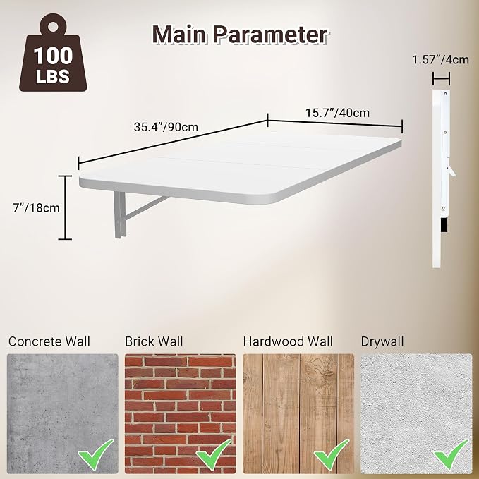 Neoaider Wall Mounted Folding Desk 35.4” x 15.7”, White | Drop Down Table with Metal Collapsible Brackets, Folding Wall Table for Small Spaces, Home, Office, Kitchen, Laundry Room