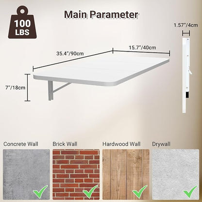 Neoaider Wall Mounted Folding Desk 35.4” x 15.7”, White | Drop Down Table with Metal Collapsible Brackets, Folding Wall Table for Small Spaces, Home, Office, Kitchen, Laundry Room