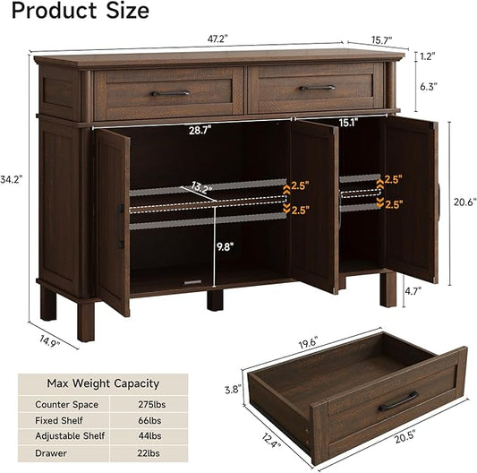 ONBRILL 48 Inch Buffet Cabinet with Storage, Farmhouse Sideboard Buffet w/2 Drawers and 3 Doors, Wood Coffee Bar Cabinet with Adjustable Shelves, Sideboard Storage for Kitchen, Living Room, Brown