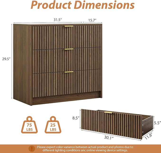MAISONARIA 3-Piece Dresser Bedroom Set, 6 Drawer Dresser & 3 Drawer Nightstands with Gold Handles, Fluted Wood Chest of Drawers for Bedroom, Living Room, Entryway,Walnut
