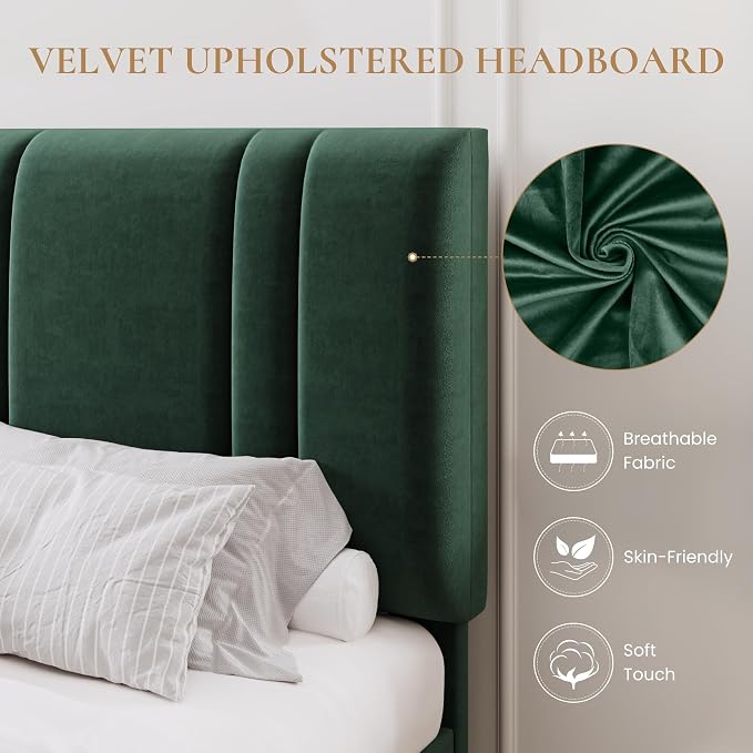SHA CERLIN Queen Size Platform Bed Frame, Velvet Upholstered Bed with Adjustable Headboard, Vertical Channel Tufted Design, Sturdy Wood Slat Support, No Box Spring Needed, Easy Assembly, Green