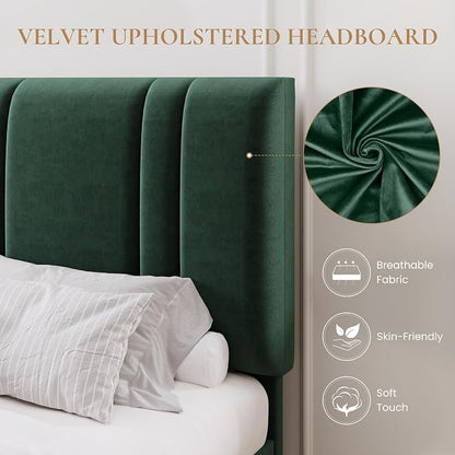 SHA CERLIN Queen Size Platform Bed Frame, Velvet Upholstered Bed with Adjustable Headboard, Vertical Channel Tufted Design, Sturdy Wood Slat Support, No Box Spring Needed, Easy Assembly, Green