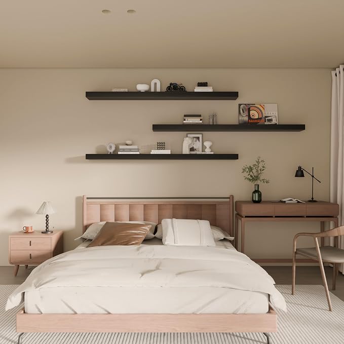 Floating Shelves for Wall, 60 Inch Extra Long Black Wall Shelves, Set of 3, Hanging Invisible Brackets Floating Shelves for Living Room,Bedroom,and Kitchen