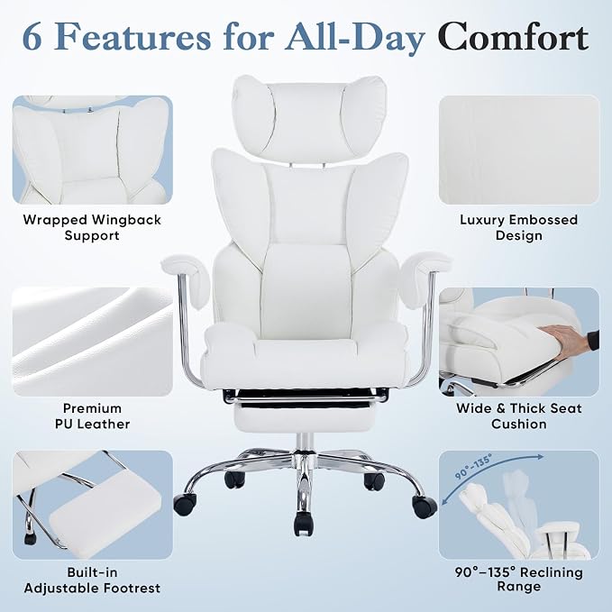 DUMOS Big and Tall Office Chair 400 LBS, Scratch-Resistant PU Leather Executive Office Desk Chair with Footrest, Ergonomic Reclining Computer Chairs with Pocket Spring Support, White