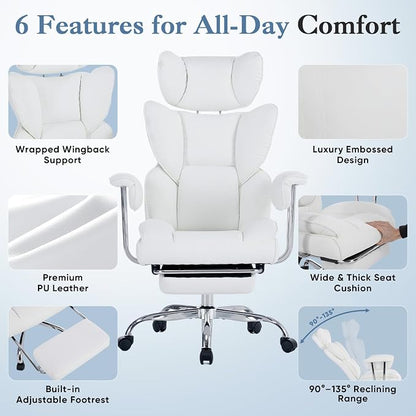 DUMOS Big and Tall Office Chair 400 LBS, Scratch-Resistant PU Leather Executive Office Desk Chair with Footrest, Ergonomic Reclining Computer Chairs with Pocket Spring Support, White