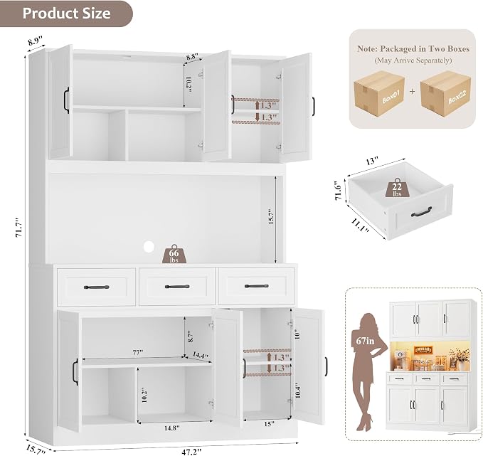 HOSTACK 72" Tall Kitchen Pantry Cabinet with Charging Station | LED Lights, 47" W Kitchen Pantry Storage Cabinet with Countertop, Modern Kitchens Hutch Cabinets with Storage for Dining Room, White