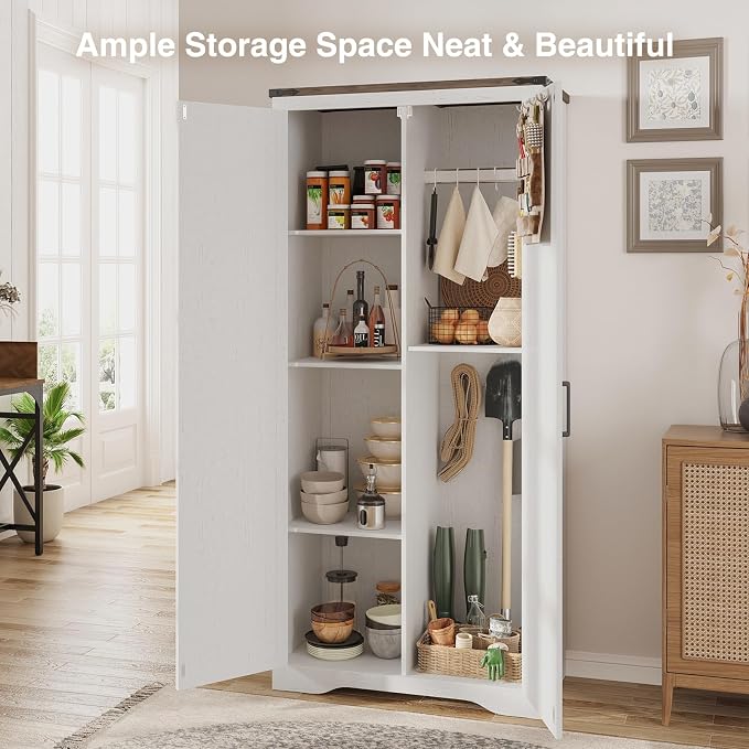 Befrases Farmhouse Storage Cabinet with Adjustable Shelves, Large Pantry Organize with 2 Barn Doors, Freestanding Cabinet for Kitchen, Garage, Basement, Living, Utility Room, Off-White