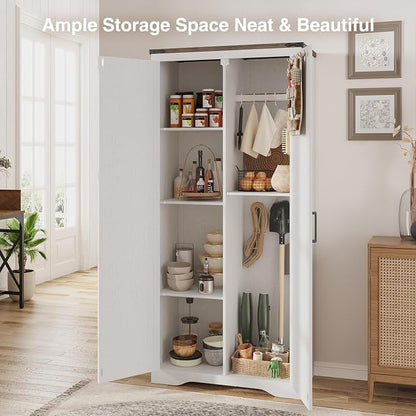 Befrases Farmhouse Storage Cabinet with Adjustable Shelves, Large Pantry Organize with 2 Barn Doors, Freestanding Cabinet for Kitchen, Garage, Basement, Living, Utility Room, Off-White