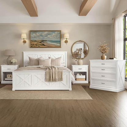 4 Piece Bedroom Set Queen Size Bed Frame with Dresser and 2 Nightstands | White Platform Bed Frames,4 Storage Drawers Cabinet,Farmhouse Bedroom Furniture Sets,Sturdy Wooden Slat Support,Guest Room