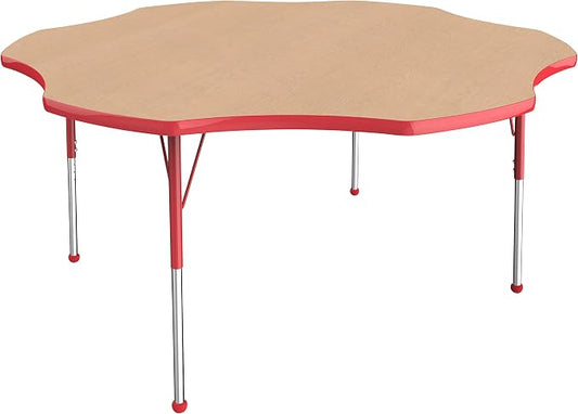FDP Flower Activity School and Office Table (60 inch), Standard Legs with Ball Glides for Collaborative Seating Environments, Adjustable Height 19-30 inches - Maple Top and Red Edge