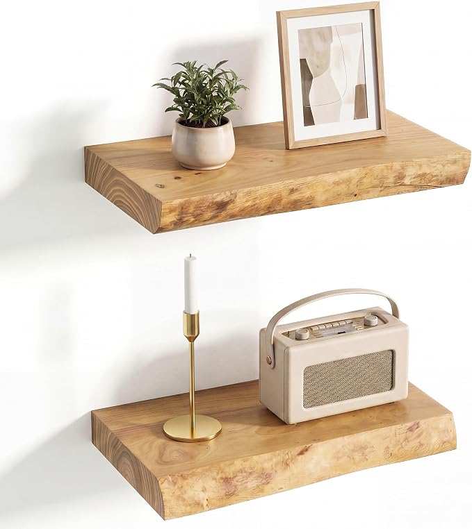 Venusmiles Live Edge Elm Floating Shelves for Wall Decor, Rustic Solid Wood Shevles Wall Mounted with Invisible Bracket for Living Room Bathroom Bedroom Kitchen, 16 Inch Set of 2, Natural