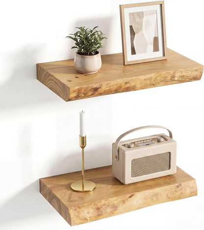 Venusmiles Live Edge Elm Floating Shelves for Wall Decor, Rustic Solid Wood Shevles Wall Mounted with Invisible Bracket for Living Room Bathroom Bedroom Kitchen, 16 Inch Set of 2, Natural
