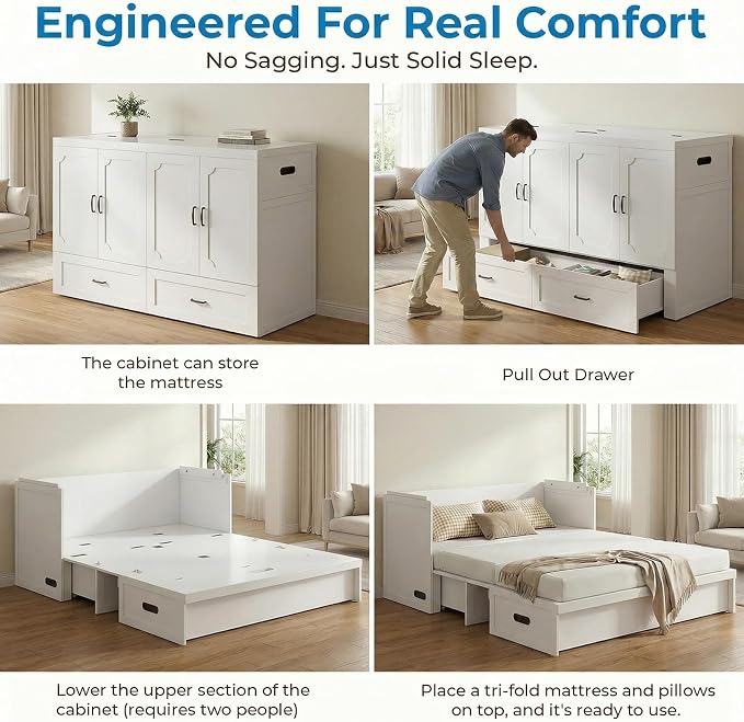 Mjkone Queen Murphy Bed with Mattress Include, Murphy Cabinet Bed with USB Charging Station, Hidden Cube Cabinet Beds with Large Storage Drawer for Bedroom Guest Room Home Office, White