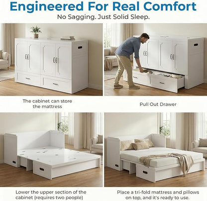 Mjkone Queen Murphy Bed with Mattress Include, Murphy Cabinet Bed with USB Charging Station, Hidden Cube Cabinet Beds with Large Storage Drawer for Bedroom Guest Room Home Office, White