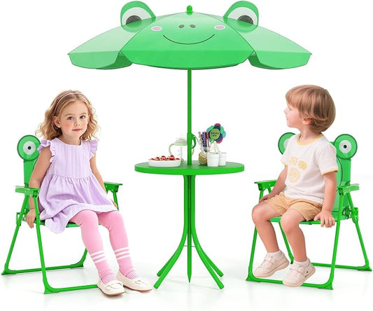 HONEY JOY Kids Picnic Table, Animal Themed Toddler Outdoor Table and Chair Set, 2 Folding Chairs & Removable Umbrella, Children Outdoor Furniture for Backyard Patio Garden (Green Frog)
