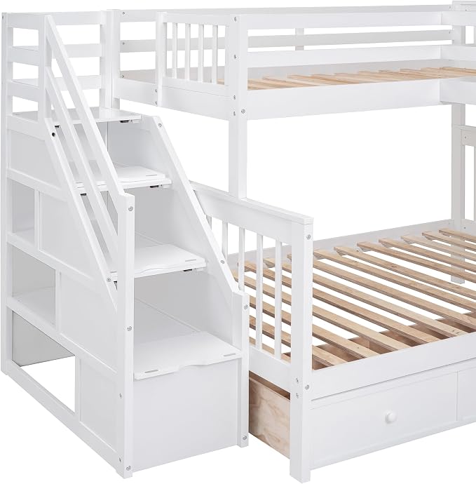 L-Shaped Bunk Bed for 4 Kids, Twin-Twin Over Full with 3 Drawers, Portable Desk and Wardrobe, Solid Wood Bedframe with Stairs and Full-Length Guardrails, No Box Spring Needed (White)
