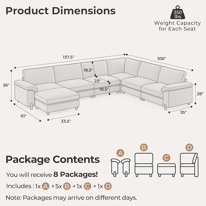 SITJOY Large Cloud Couch, 138" Wide 6 Seater U Shape, Light Gray Chenille | Detachable and Washable Chenille Cover Sectional Sofas for Living Room, Deep Seat Wide Couch with Chaise, Storage Ottoman