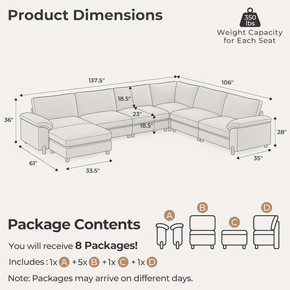 SITJOY Large Cloud Couch, 138" Wide 6 Seater U Shape, Light Gray Chenille | Detachable and Washable Chenille Cover Sectional Sofas for Living Room, Deep Seat Wide Couch with Chaise, Storage Ottoman