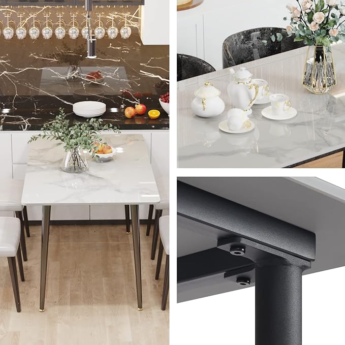 Wisfor Sintered Stone Dining Table: 32 Inch Square White Kitchen Breakfast Table with Black Metal Legs - 30 Inch High Restaurant Table for 4