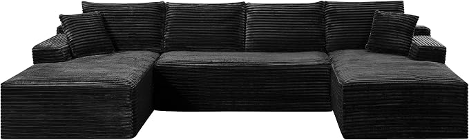 132" Oversized U-Shaped Cloud Sectional Couch Plush Corduroy Boneless Symmetrical Sofa, Front Facing Modular Compressed Boneless Sectional Sofa with Double Chaise Lounges