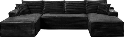 132" Oversized U-Shaped Cloud Sectional Couch Plush Corduroy Boneless Symmetrical Sofa, Front Facing Modular Compressed Boneless Sectional Sofa with Double Chaise Lounges