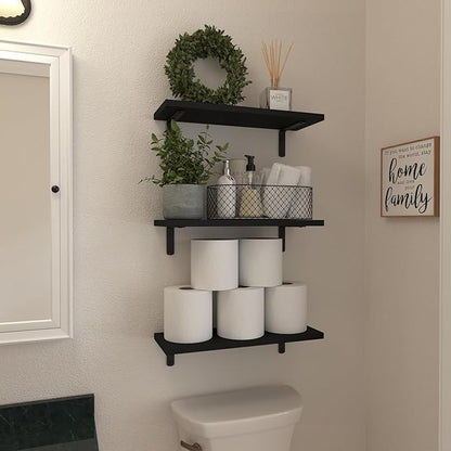 WOPITUES Wood Floating Shelves Set of 6, Shelves for Wall Decor, Farmhouse Shelf for Bedroom, Bathroom Storage Shelves, Book Shelves for Living Room-Black