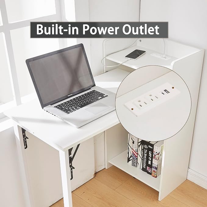 Fold Out Desk with Storage and Built-in Outlet, Mid Century Foldable Desk for Small Spaces, Hidden Folding Table for Home Office or Bedroom (White)